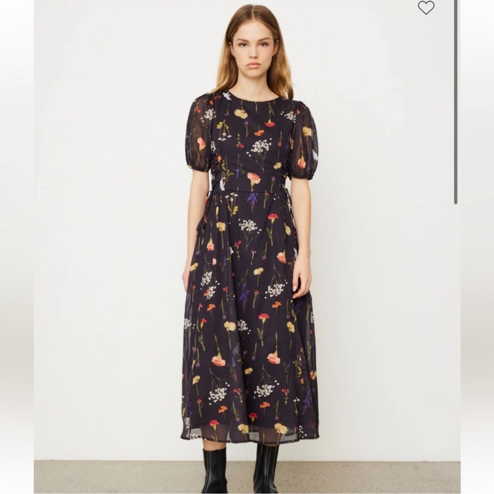 Lisa Says Gah XS Puff Sleeve Floral Midi Dress Black Lace-Up Waist Pockets
